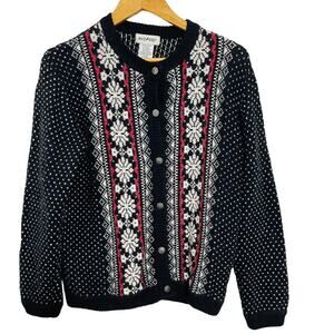 Vintage White Stag Fair Isle Birds Eye Sweater Cardigan Black Size M